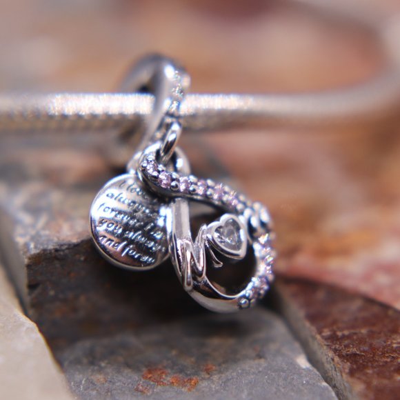 Mom Infinity Double Dangle Bracelet Charm - S925 Sterling Silver Fits Pandora - Picture 2 of 5